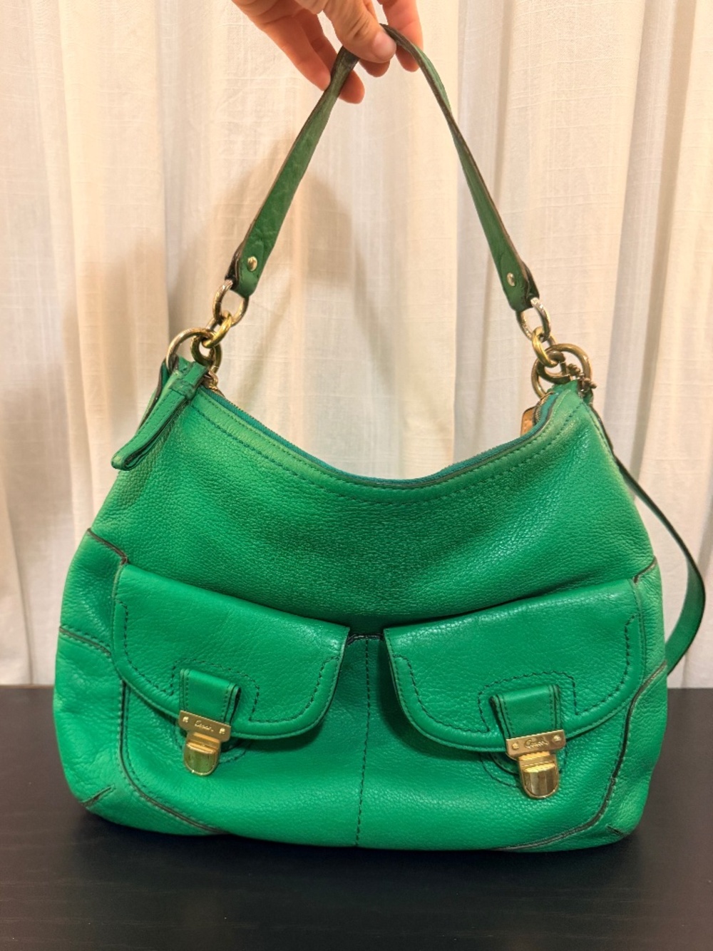 Coach poppy green pushlock double pocket tote